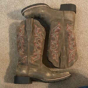 Ariat Distressed Brown Western Boots with Red and Cream Embroidery